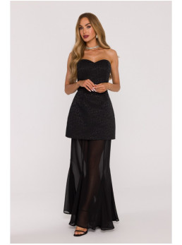 M893 Daugiasluoksnė suknelė korseto tipo viršumi ir šifoniniu sijonu - juoda