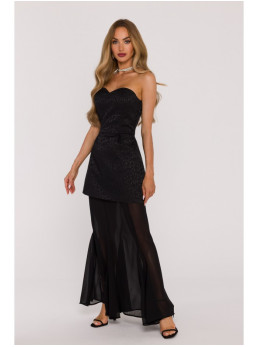 M893 Daugiasluoksnė suknelė korseto tipo viršumi ir šifoniniu sijonu - juoda