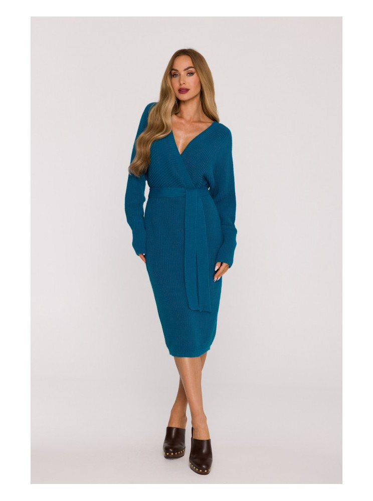 M810 Megztinis-suknelė su V formos iškirpte - vandenyno mėlyna