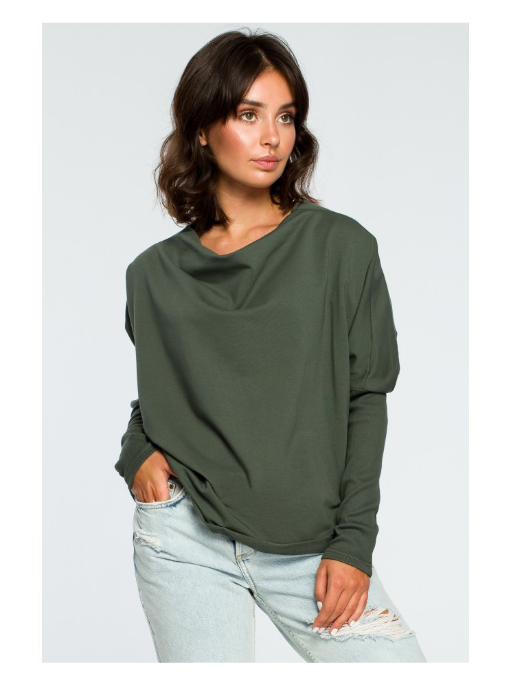 B094 Didinto silueto palaidinė su V formos iškirpte nugaroje - military green