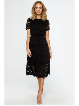 M405 Nėriniuotas trumpinto viršaus midi suknelė - juoda