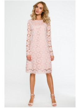 M406 Ažūrinė A silueto suknelė ilgomis rankovėmis - rožinė