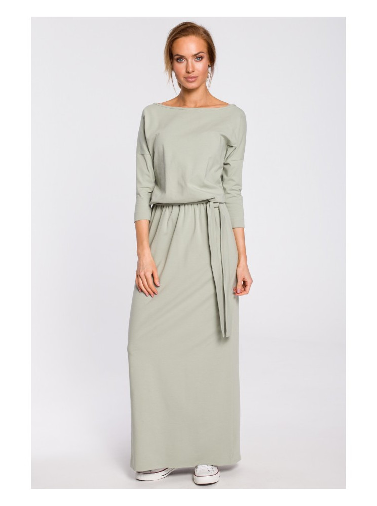 M435 Medvilninė ilga suknelė su dirželiu - pistachio