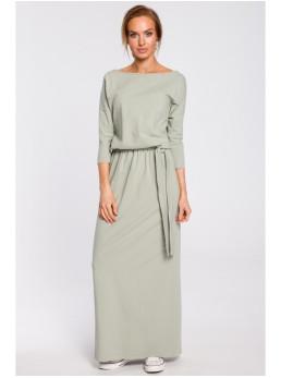 M435 Medvilninė ilga suknelė su dirželiu - pistachio