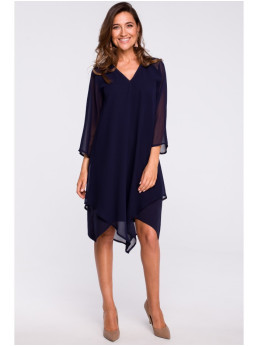 S159 Šifono suknelė asimetrišku kraštu - tamsiai mėlyna