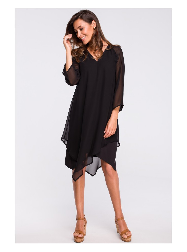 S159 Šifoninė suknelė asimetrišku kraštu - juoda