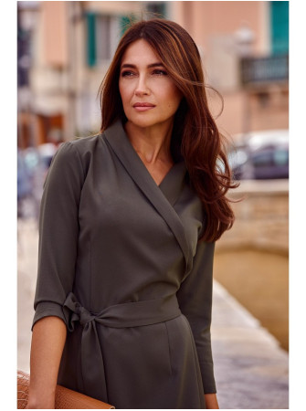 S175 Surišama suknelė su klostėmis - chaki