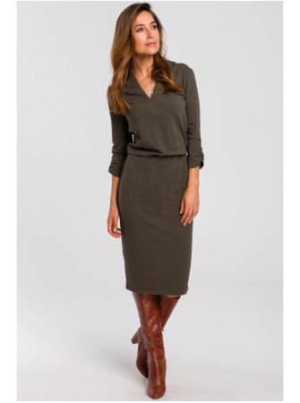 S194 Megzta suknelė su V formos iškirpte - alyvuogių