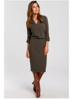 S194 Megzta suknelė su V formos iškirpte - alyvuogių