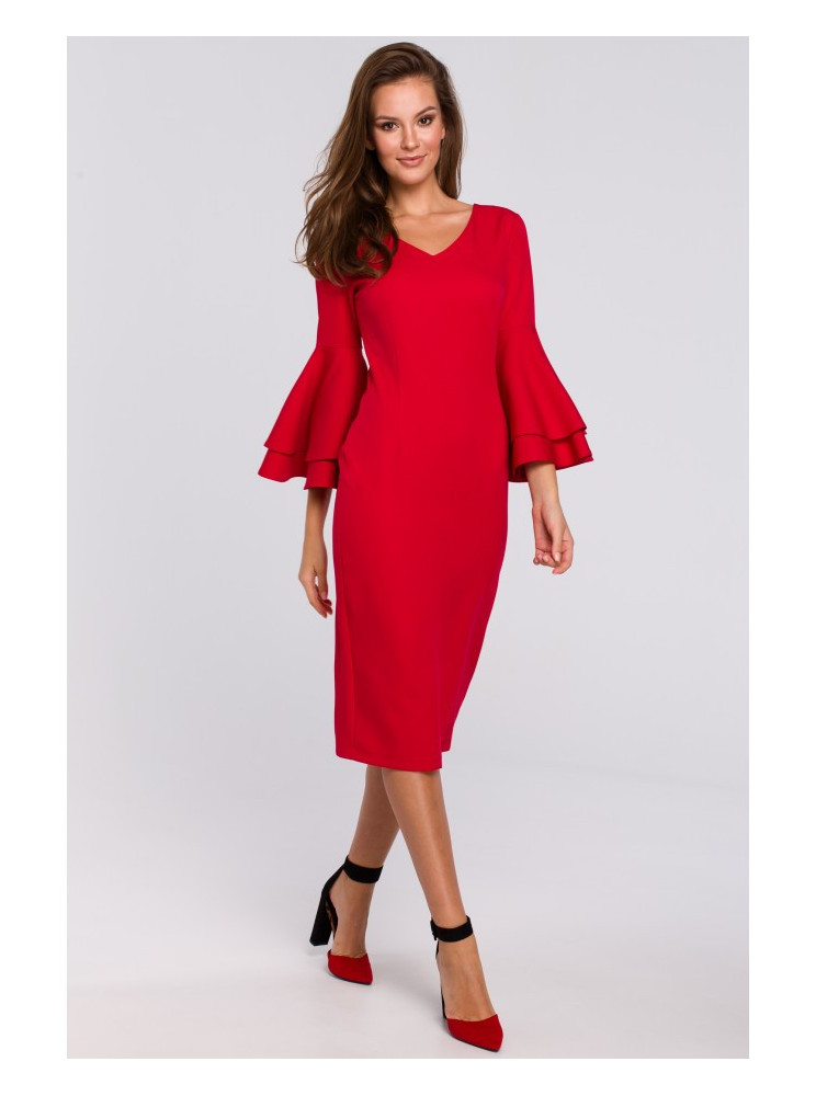 .K002 Prigludusi suknelė su raukinukais - raudona