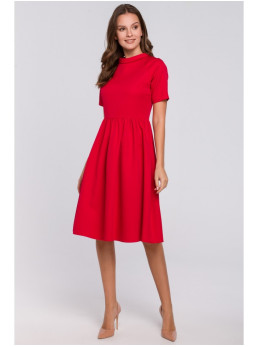 .K028 Raštuotas klostuotas suknelė aukštu kaklu - raudona