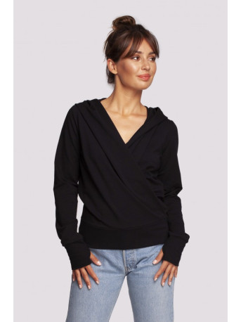 B246 Wrap pullover top with a hood - black