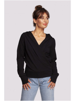 B246 Wrap pullover top with a hood - black