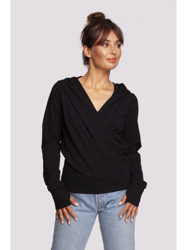 B246 Wrap pullover top with a hood - black