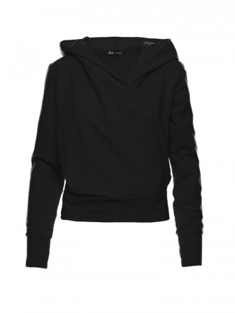 B246 Wrap pullover top with a hood - black