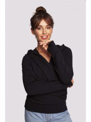 B246 Wrap pullover top with a hood - black