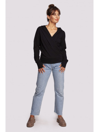 B246 Wrap pullover top with a hood - black