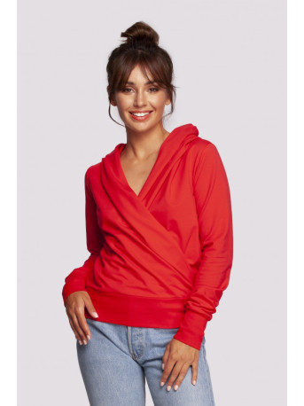 B246 Wrap pullover top with a hood - red