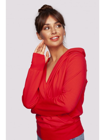 B246 Wrap pullover top with a hood - red