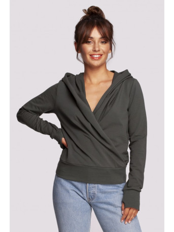 B246 Wrap pullover top with a hood - military green