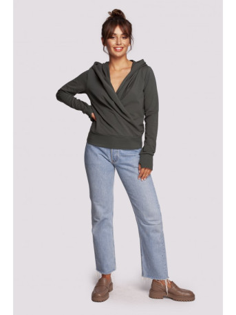 B246 Wrap pullover top with a hood - military green