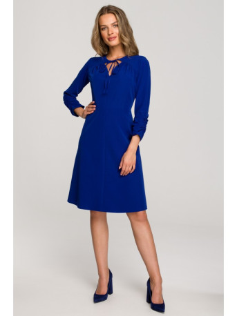 S325 Fit and flare dress with a tie neckline - royal blue