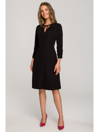 S325 Fit and flare dress with a tie neckline - black