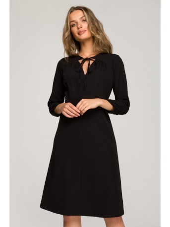 S325 Fit and flare dress with a tie neckline - black