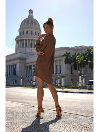 M740 Shirt dress with decorative chain - chocolate