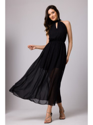 K169 Chiffon dress with a tie neck - black