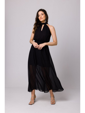 K169 Chiffon dress with a tie neck - black