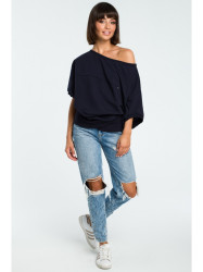 B079 Oversized blouse with a wrap detail - navy blue