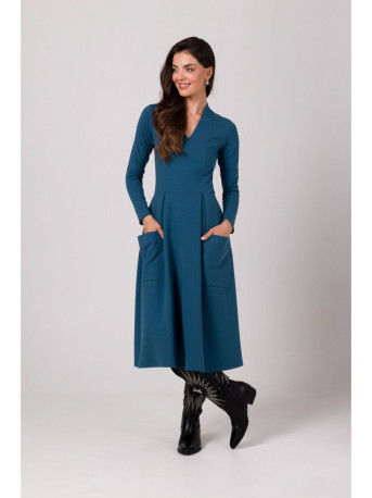 B266 Flared dress with patch pockets - ocean blue