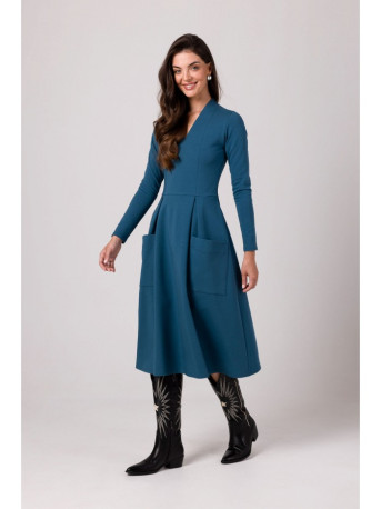 B266 Flared dress with patch pockets - ocean blue