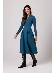 B266 Flared dress with patch pockets - ocean blue