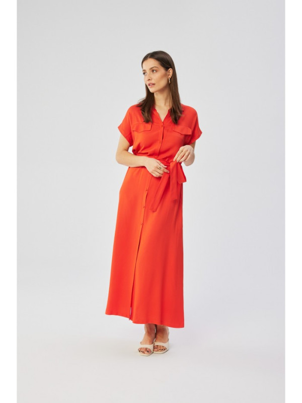 S364 Viscose maxi shirt dress - coral