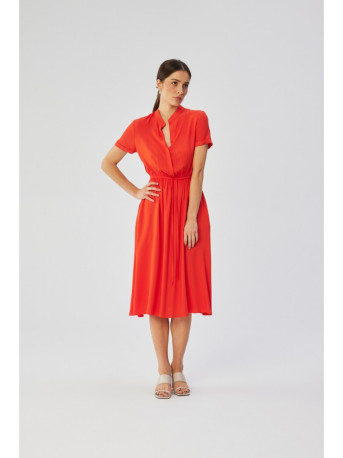 S366 Viscose dress with string tied waist - coral