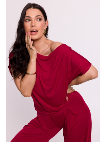 B287 Viscose top with an off-shoulder neckline - maroon