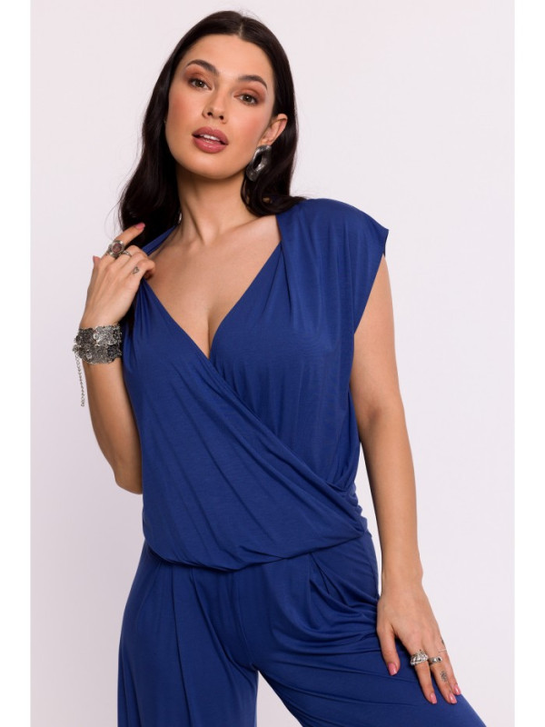 B288 Viscose wrap top with V-neck - blue