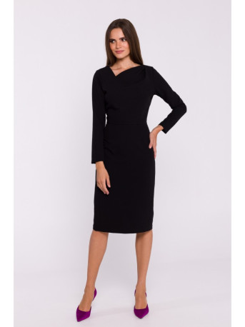 S376 Asymmetrical neckline pencil dress - black