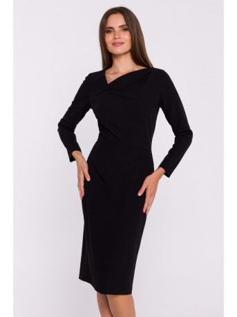 S376 Asymmetrical neckline pencil dress - black