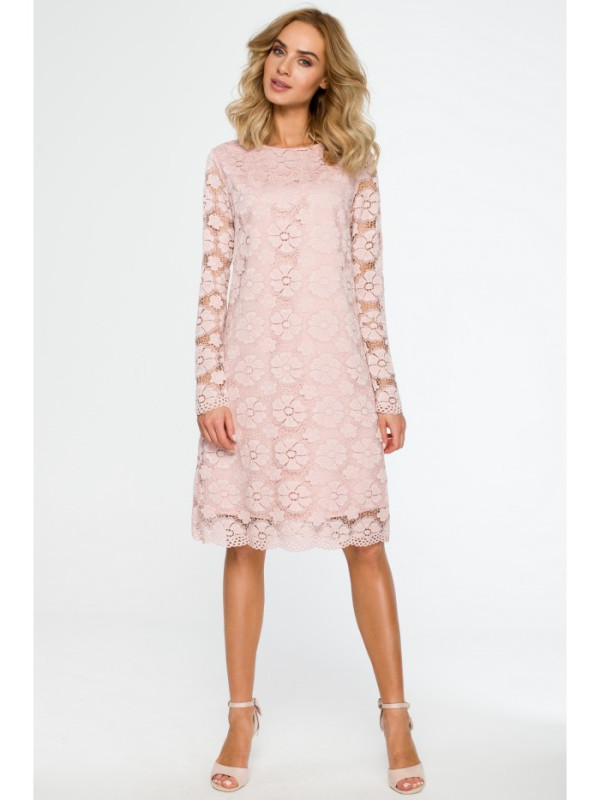 M406 Lacy a-line dress with long sleeves - pink