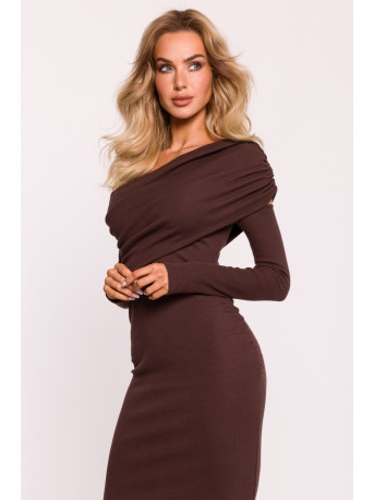 M820 Asymmetrical neckline rib knit dress - brown