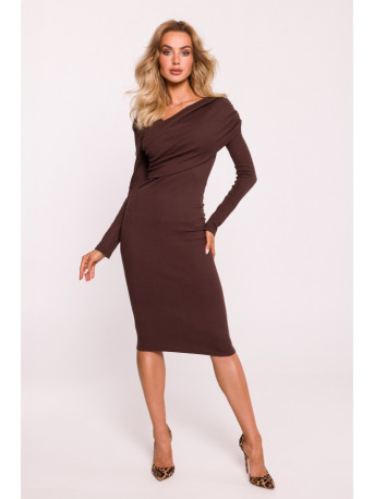 M820 Asymmetrical neckline rib knit dress - brown