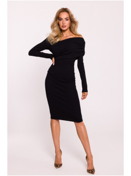 M820 Asymmetrical neckline rib knit dress - black