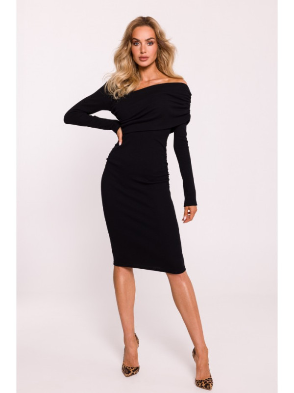 M820 Asymmetrical neckline rib knit dress - black
