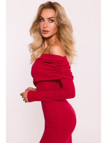 M820 Asymmetrical neckline rib knit dress - red