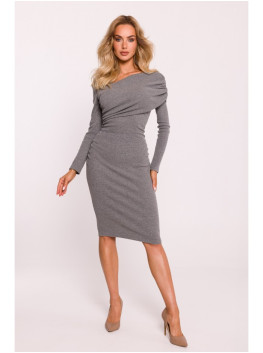 M820 Asymmetrical neckline rib knit dress - grey melange