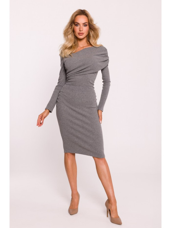 M820 Asymmetrical neckline rib knit dress - grey melange