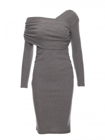 M820 Asymmetrical neckline rib knit dress - grey melange